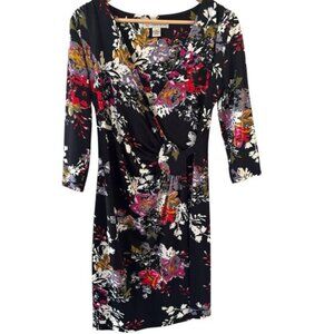 Whimsigoth Womens Faux Wrap Midi Dress Size 6 V Neck Black Floral Dark Bloomcore